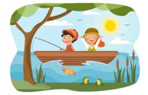 An illustration of two kids fishing in a small boat